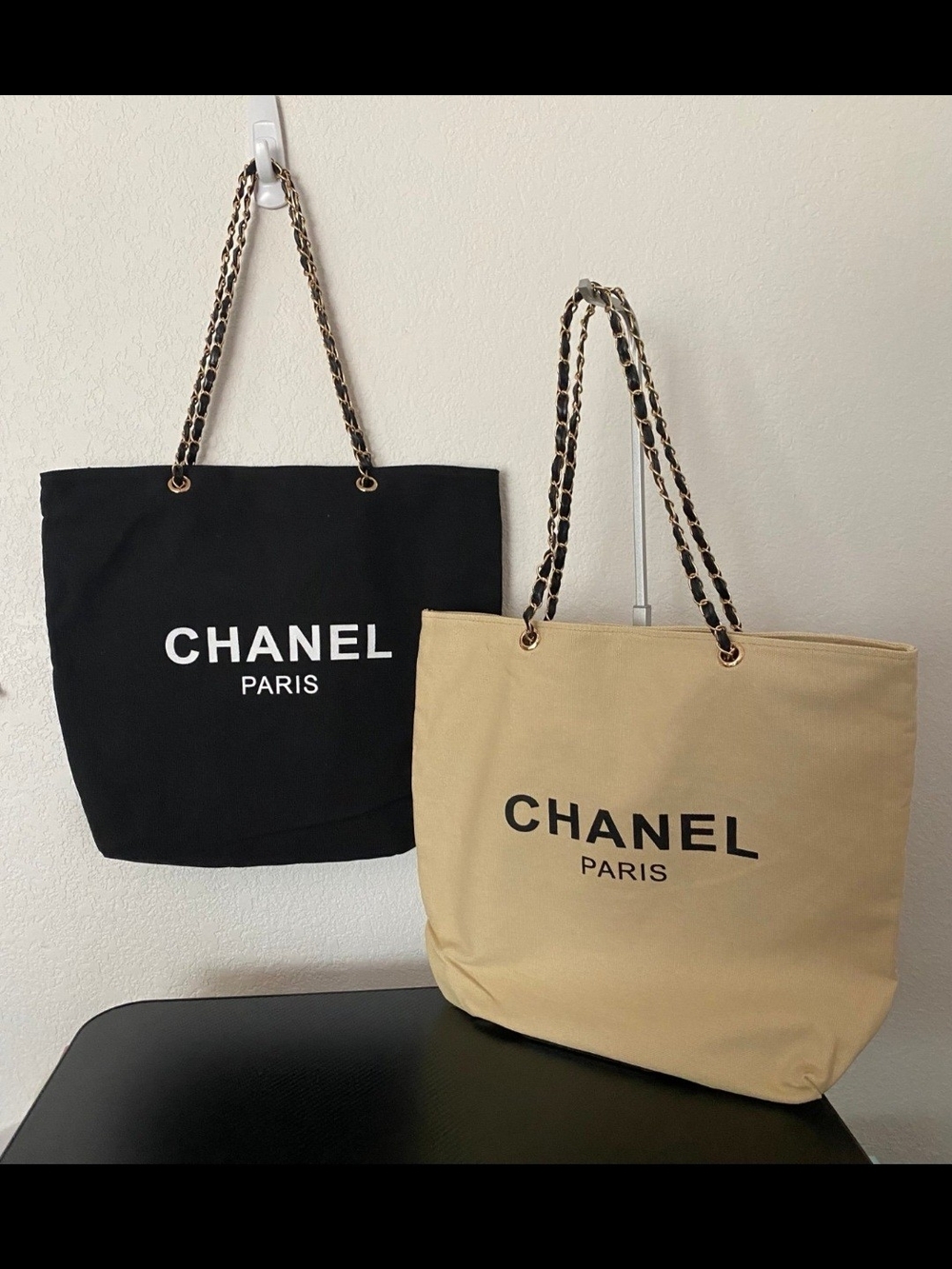 CHANEL Black and Tan Canvas Tote Bags with Chain-Link Straps